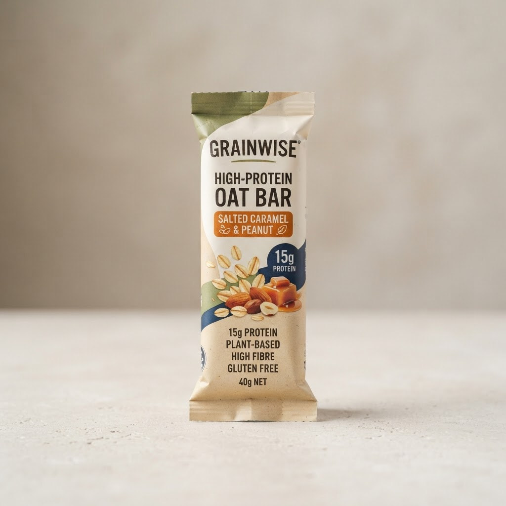 Packaged high-protein oat bar with 15g protein on the label